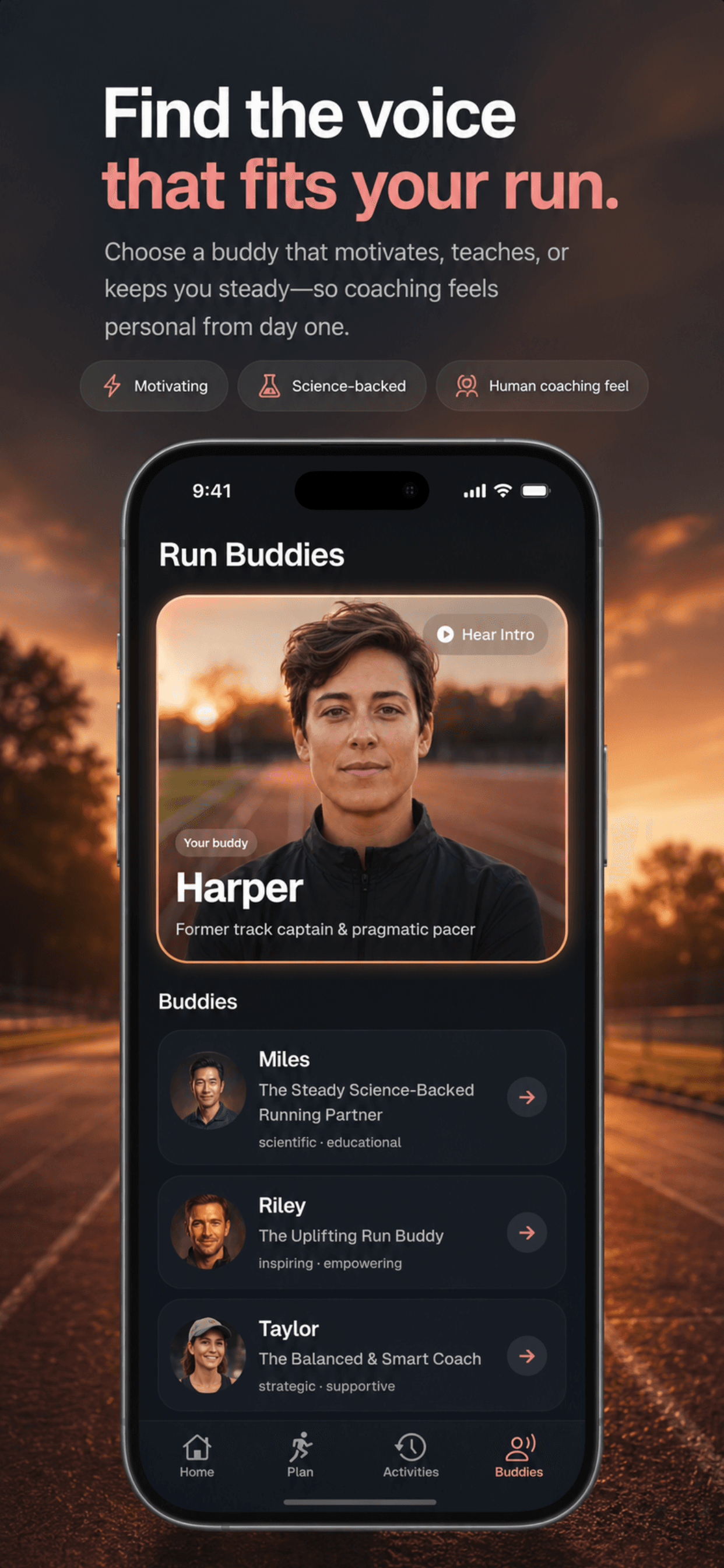 Stride AI run buddies screen with selectable coach personalities