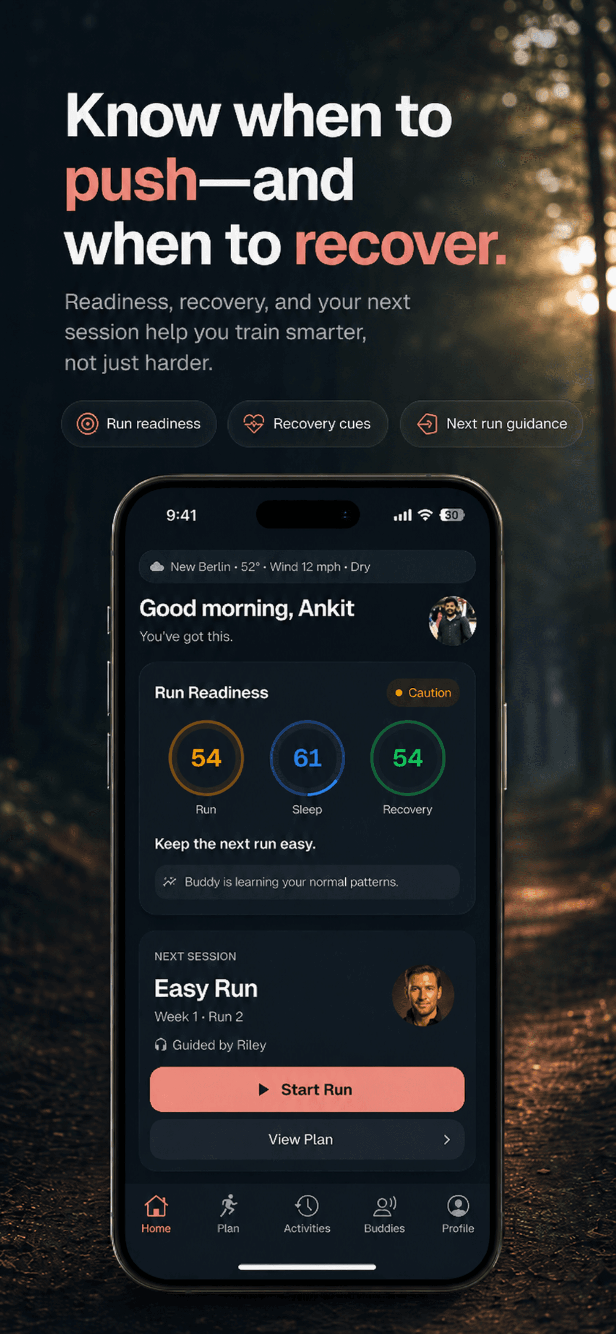 Stride AI dashboard showing run readiness, recovery, and next run guidance