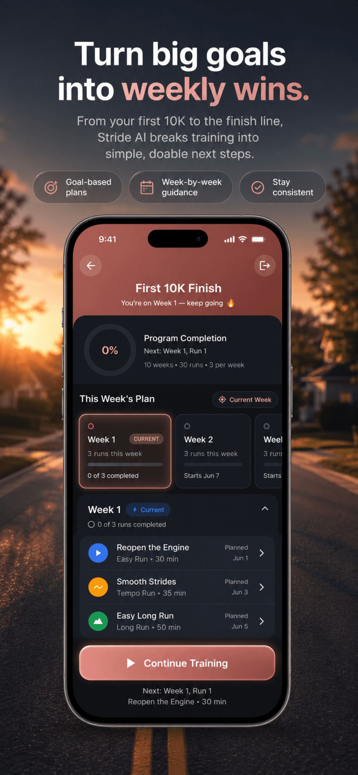 Stride AI goal-based training plan screen with weekly workouts